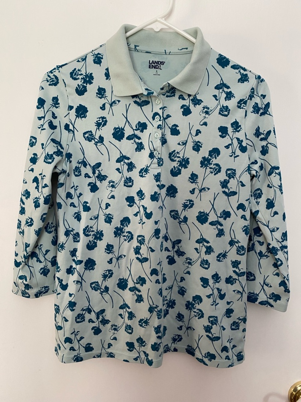 Lands' End 3/4 sleeve Polo with Pale blue background and Dark blue Floral Print
